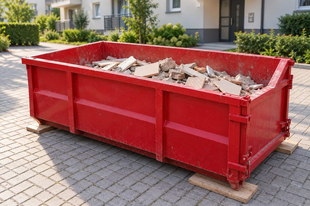 Czerwony kontener z gruzem na podwórzu
